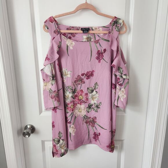City Chic Light Purple Floral Cold Shoulder Short Sleeve Top Size 22 - Picture 2 of 8